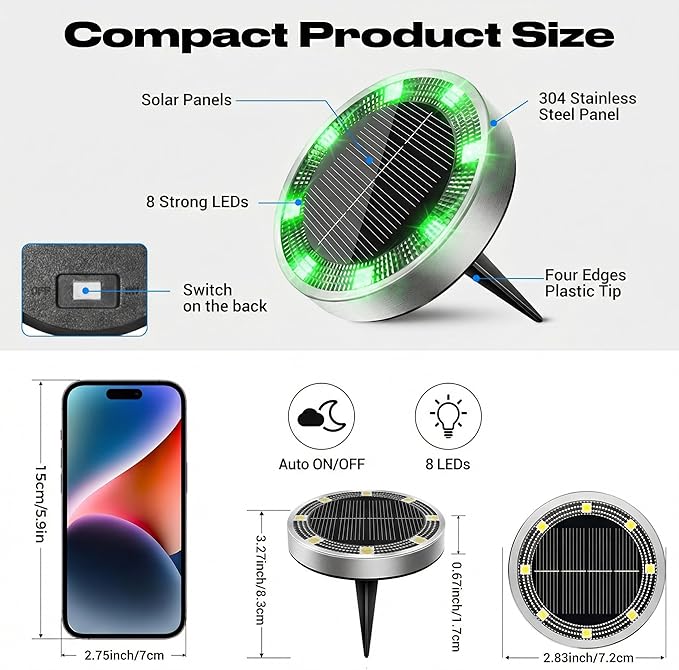 Peasur Mini Solar Ground Lights Outdoor, 4 Pack Flat Solar Powered Disc Lights - Image 5
