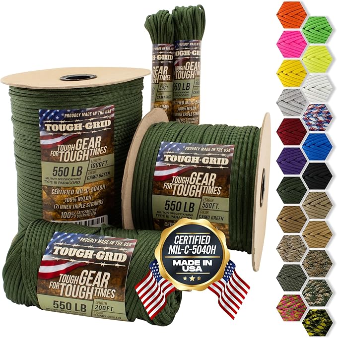 TOUGH-GRID 550 Paracord, Type III Mil-Spec Nylon Rope - 500 Ft Camo Green by TOUGH-GRID