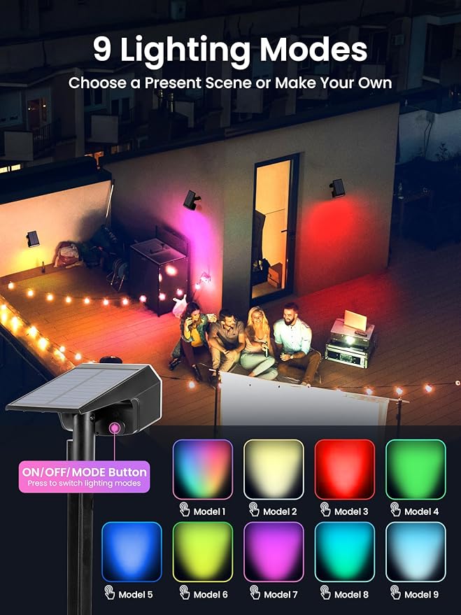 AUDERWIN Color Changing Solar Spot Lights Outdoor, 9 Lighting Modes Colored - Image 3
