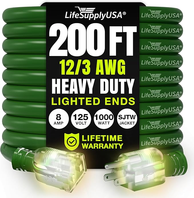 200ft Outdoor/Indoor Extension Cord 12/3 Gauge Extra Heavy Duty 3 Prong SJTW by LifeSupplyUSA