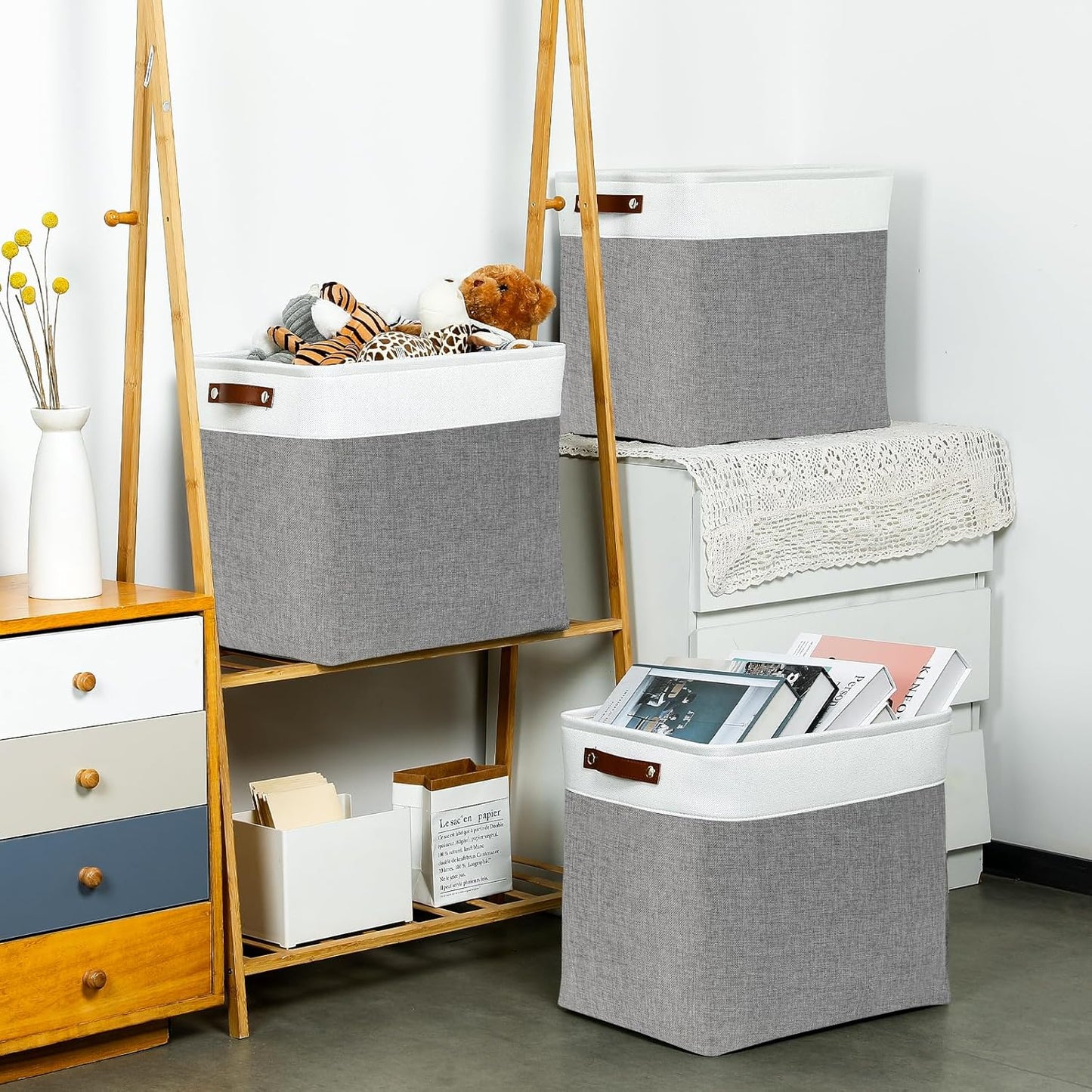 DULLEMELO Storage Baskets 17 inch Large Basket for Blanket Living Room, Foldable Storage Bins Baskets for Organizing [3 Pack] Blanket Storage Baskets Organizer for Home,Office,Closet(White&Grey)