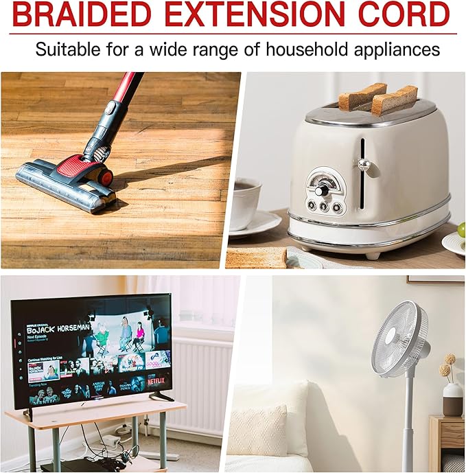 16/3 Flat Plug Braided Extension Cord 3 FT, Indoor 3 Prong Grounded Low Profile - Image 7