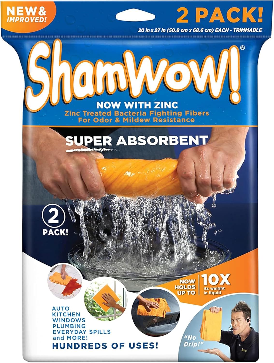 ShamWow Original Super Absorbent Multi-Purpose Cleaning Shammy Chamois Towel Cloth - Holds 10X its Weight in Liquid - Machine Washable - Will Not Scratch (2 Pack, Orange)