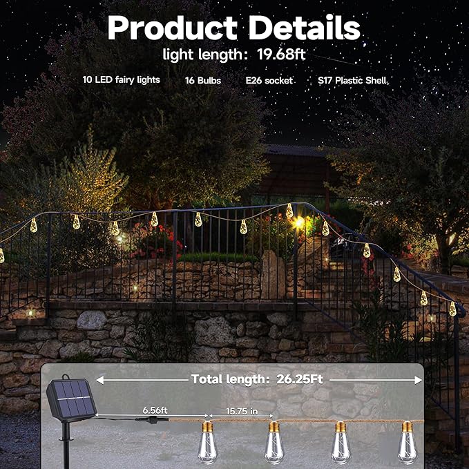 Solar Outdoor String Lights, 20Ft Vintage Rope Hemp Solar Patio Lights - Image 4