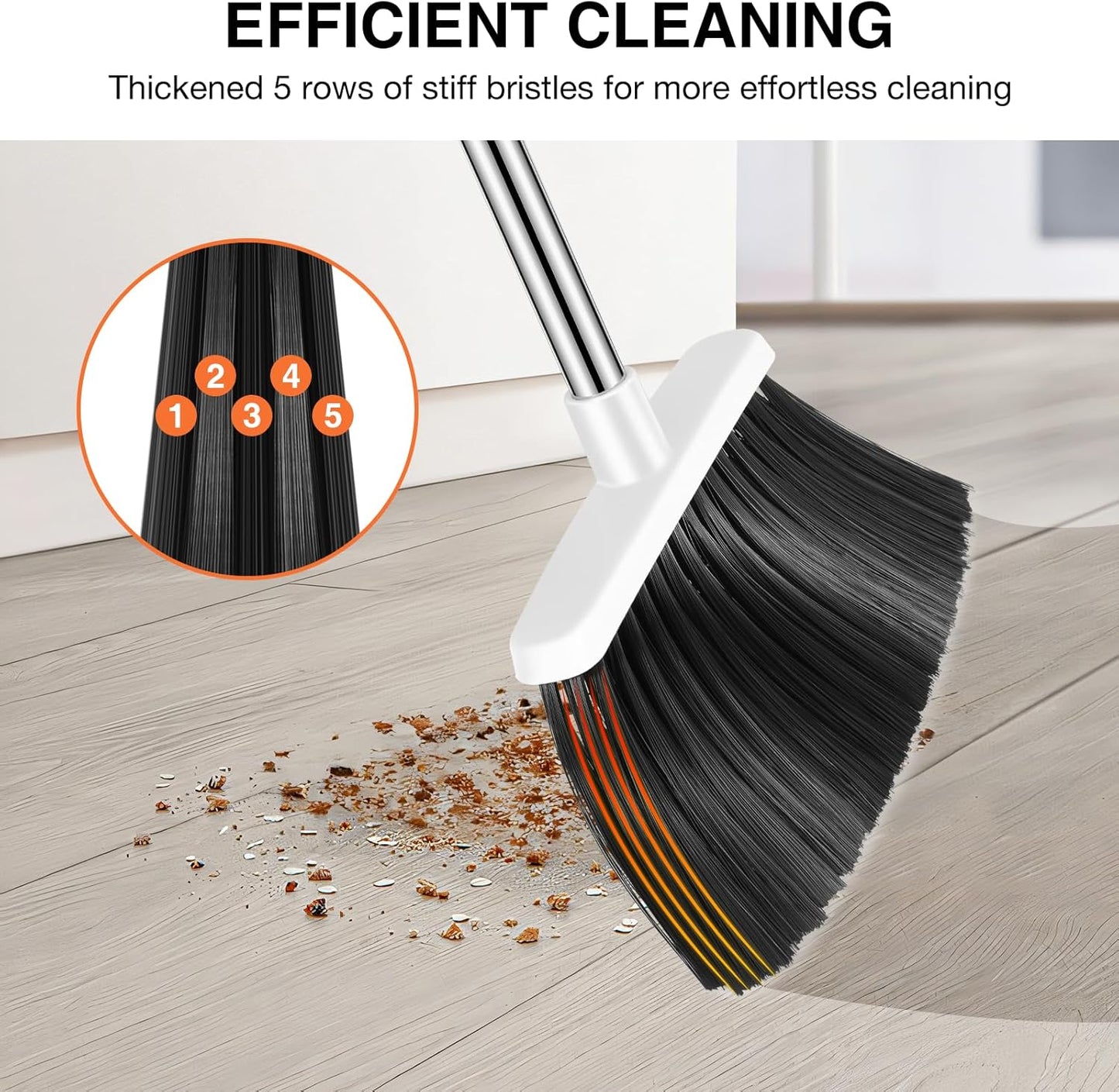 NACENA Broom and Dustpan Set, 52-in Long Adjustable Handle Broom Dustpan Combo with Dustpan Teeth to Automatically Clean Hair Suitable for Home Kitchen Office Hall Floor (Grey&White), 4 Pack