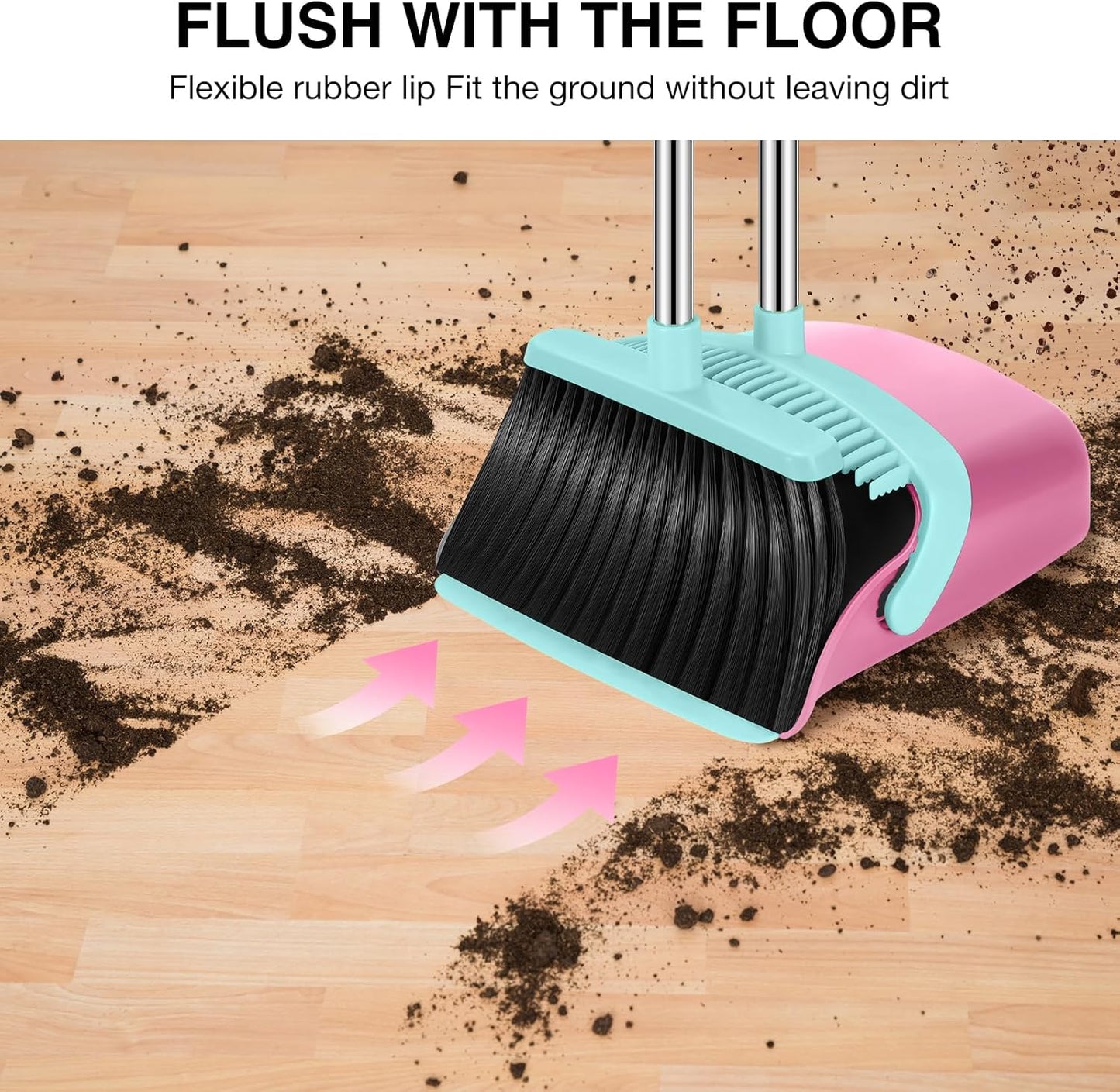 NACENA Broom and Dustpan Set, 52-in Long Adjustable Handle Broom Dustpan Combo with Dustpan Teeth to Automatically Clean Hair Suitable for Home Kitchen Office Hall Floor (Pink&Blue), 4 Pack