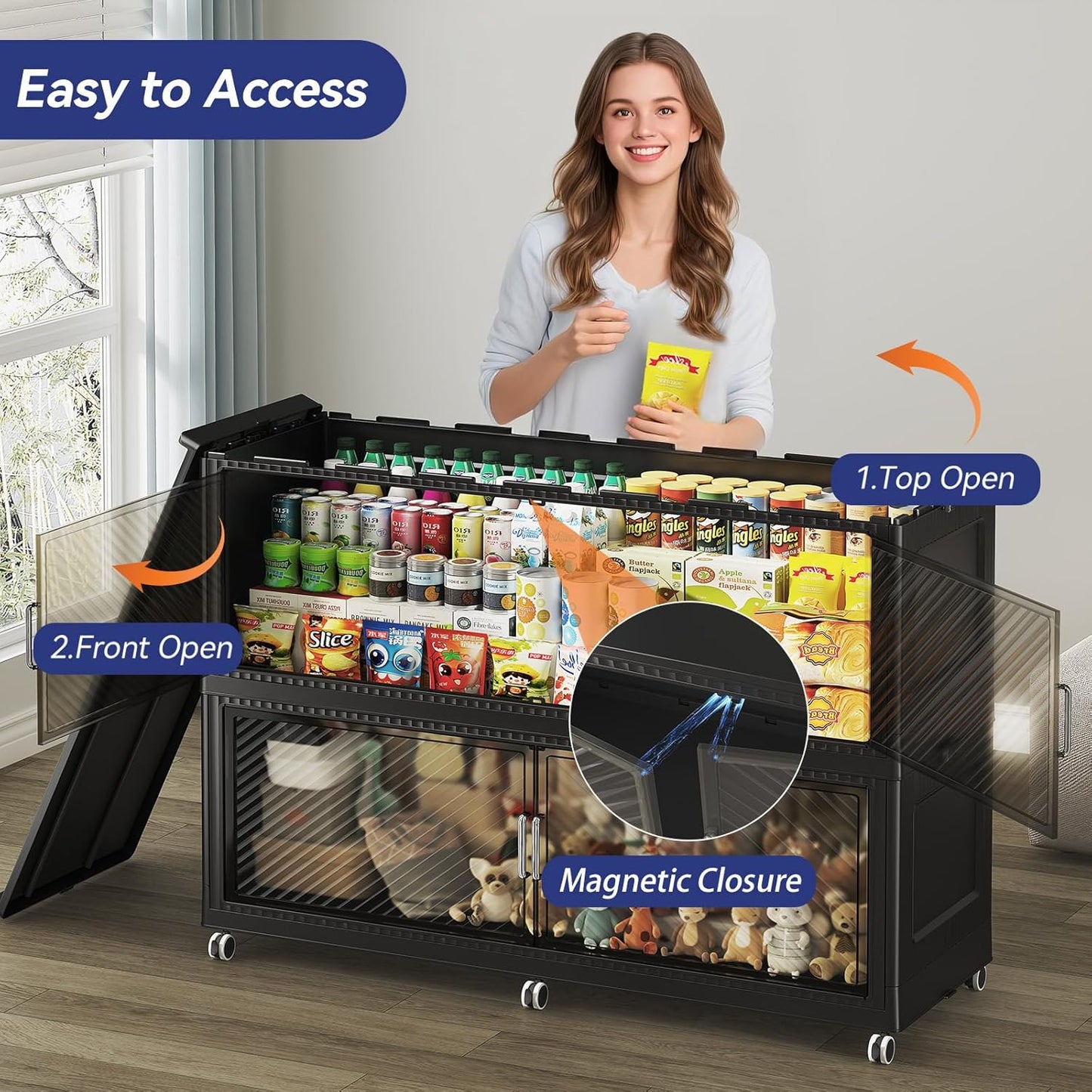 200 Gallon Extra Large Collapsible Storage Bin with Lid, 800QT Stackable Plastic Organizer with 6x Wheels, Foldable Drawer Cabinet for Closet, Living Room Office Dorm 4Pack, Black