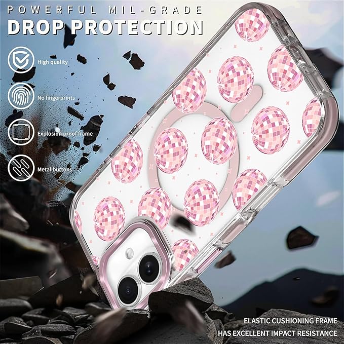 Case for iPhone 16, Disco Balls Pink Phone Case Design，for Women Girls Magnetic - Image 5