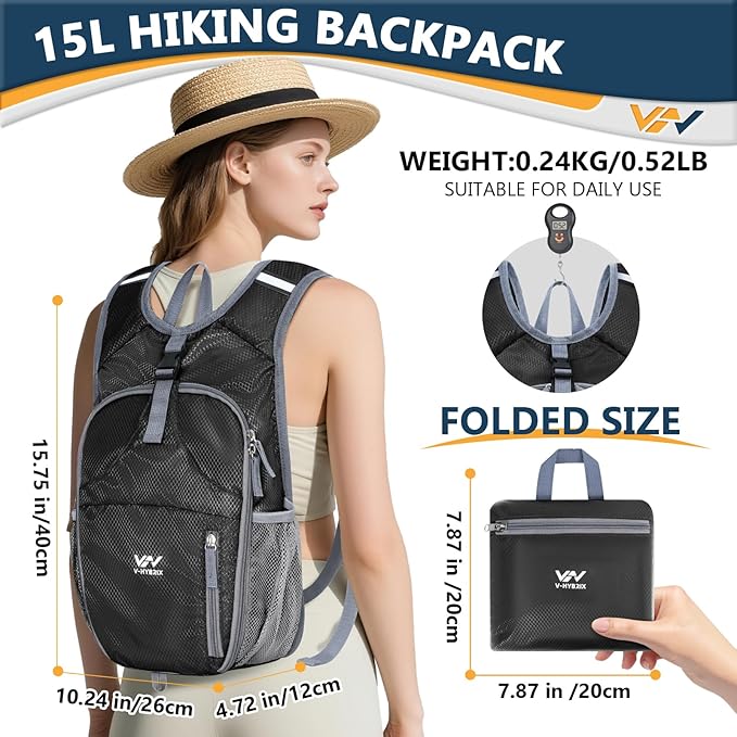 15L Foldable Hiking Backpack, Lightweight Packable Waterproof Machine Washable - Image 3
