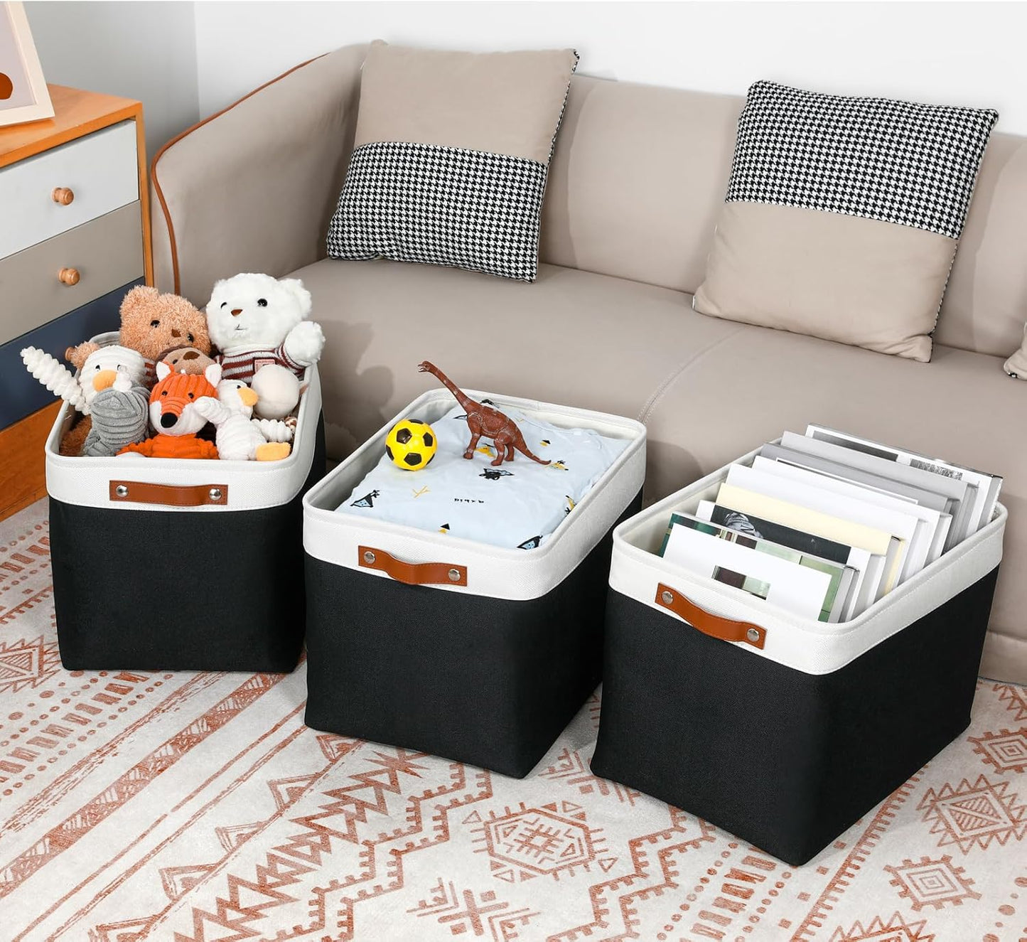 DULLEMELO Large Storage Baskets Fabric Storage Bins, Canvas Storage Basket for Shelf Toys, Decorative Large Storage Bins with Handle for Baby Gift(White&Black)