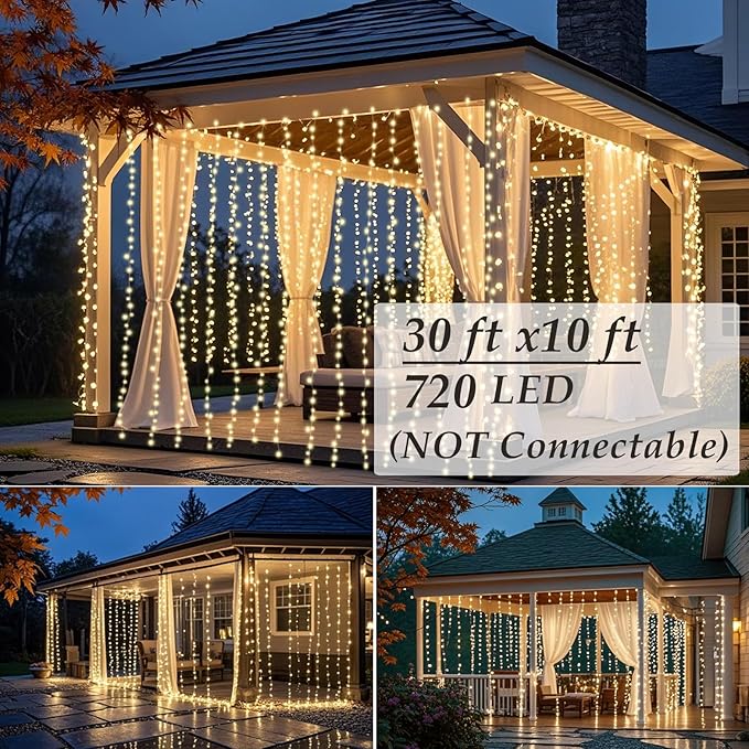 Solhice LED Curtain Lights Outdoor 30ft x10ft, 720 LED Plug in Hanging String - Image 3