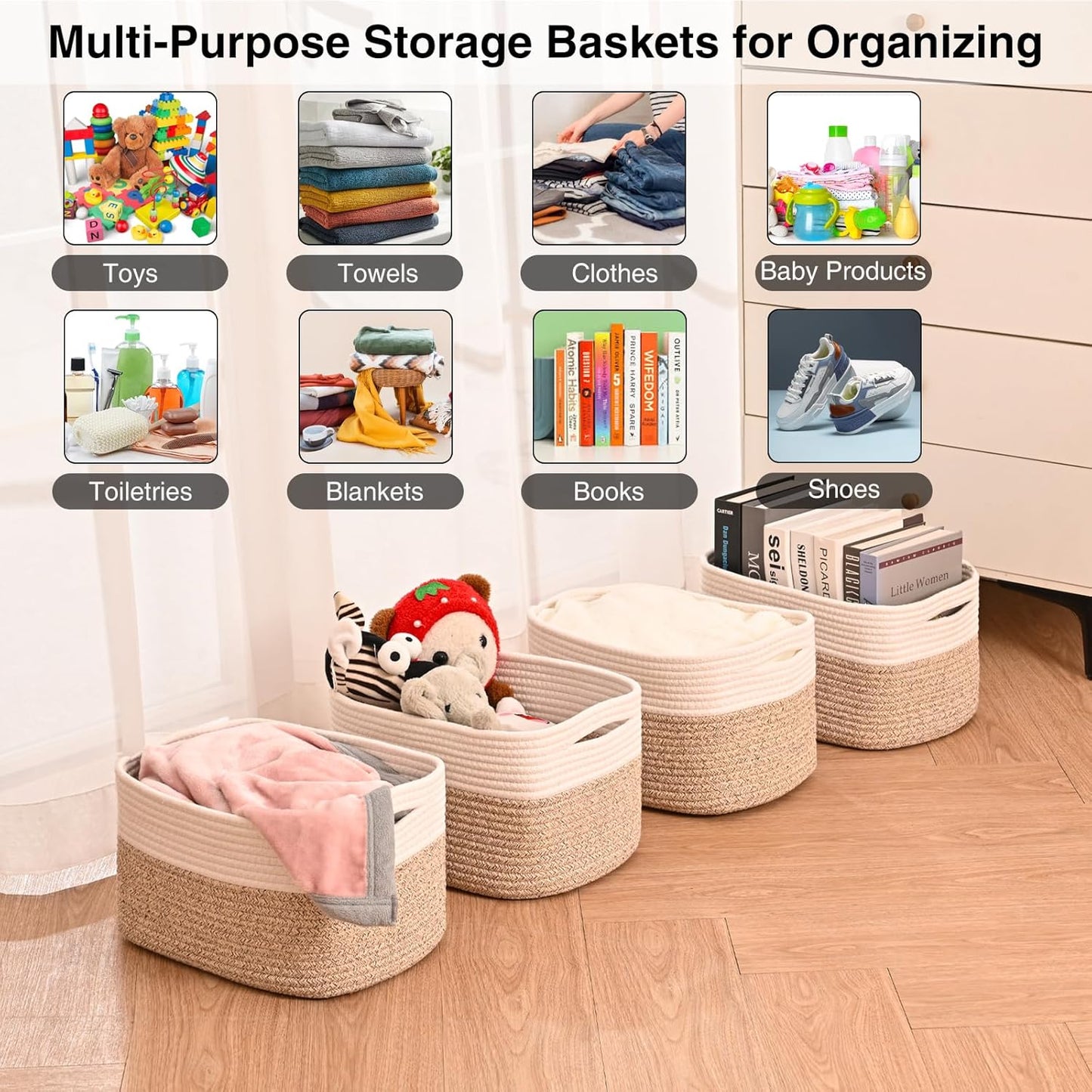 Small Storage Baskets for Organizing, Woven Storage Baskets for Shelves, Cotton Rope Basket for Storage, Cute Rectangular Book Toy Basket, 12.7"×9.1"×7.9", 4 Packs, Off White & Brown