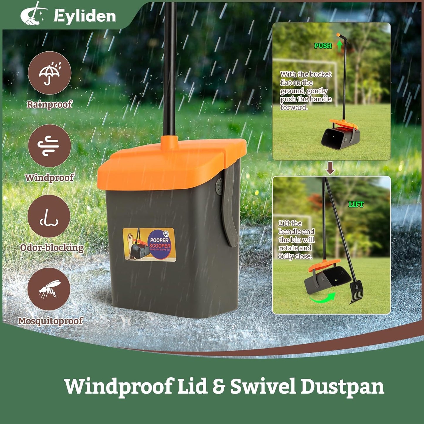 Eyliden Pooper Scooper Broom Set, Include - Dustpan with Lid, Rake, Broom, 35 Waste Bags, 46" Adjustable Long Handle - Yard Lawn Garden Dog Pooper Scooper Leaf Rake, Dust Pan and Broom Combo