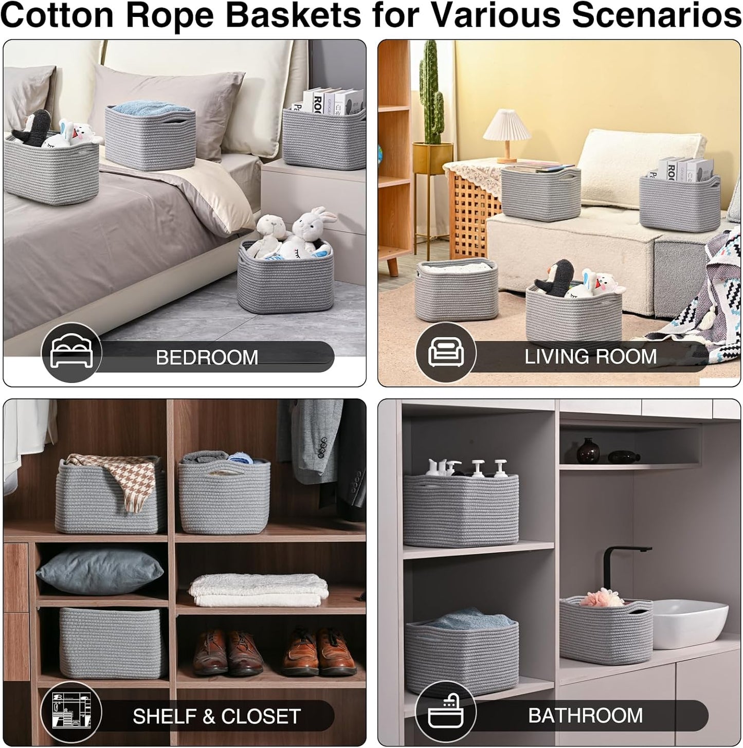 Small Storage Baskets for Organizing, Woven Storage Baskets for Shelves, Cotton Rope Basket for Storage, Cute Rectangular Book Toy Grey Basket, 12.7"×9.1"×7.9", 4 Packs, Grey
