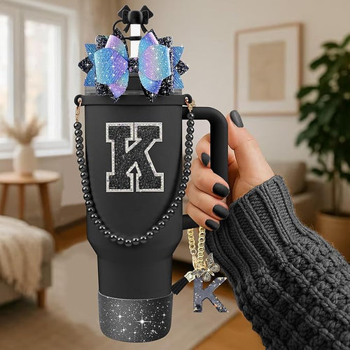 9PCS Black for Stanley Cup Accessories Set Bling Initials Bow Charms for - Image 2