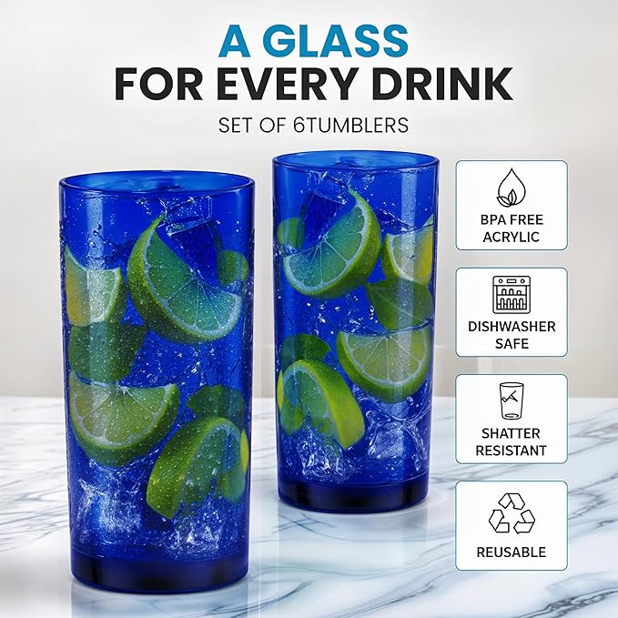 Zulay Kitchen Plastic Drinking Glasses – 16oz Acrylic Shatterproof Water Cups - Image 2