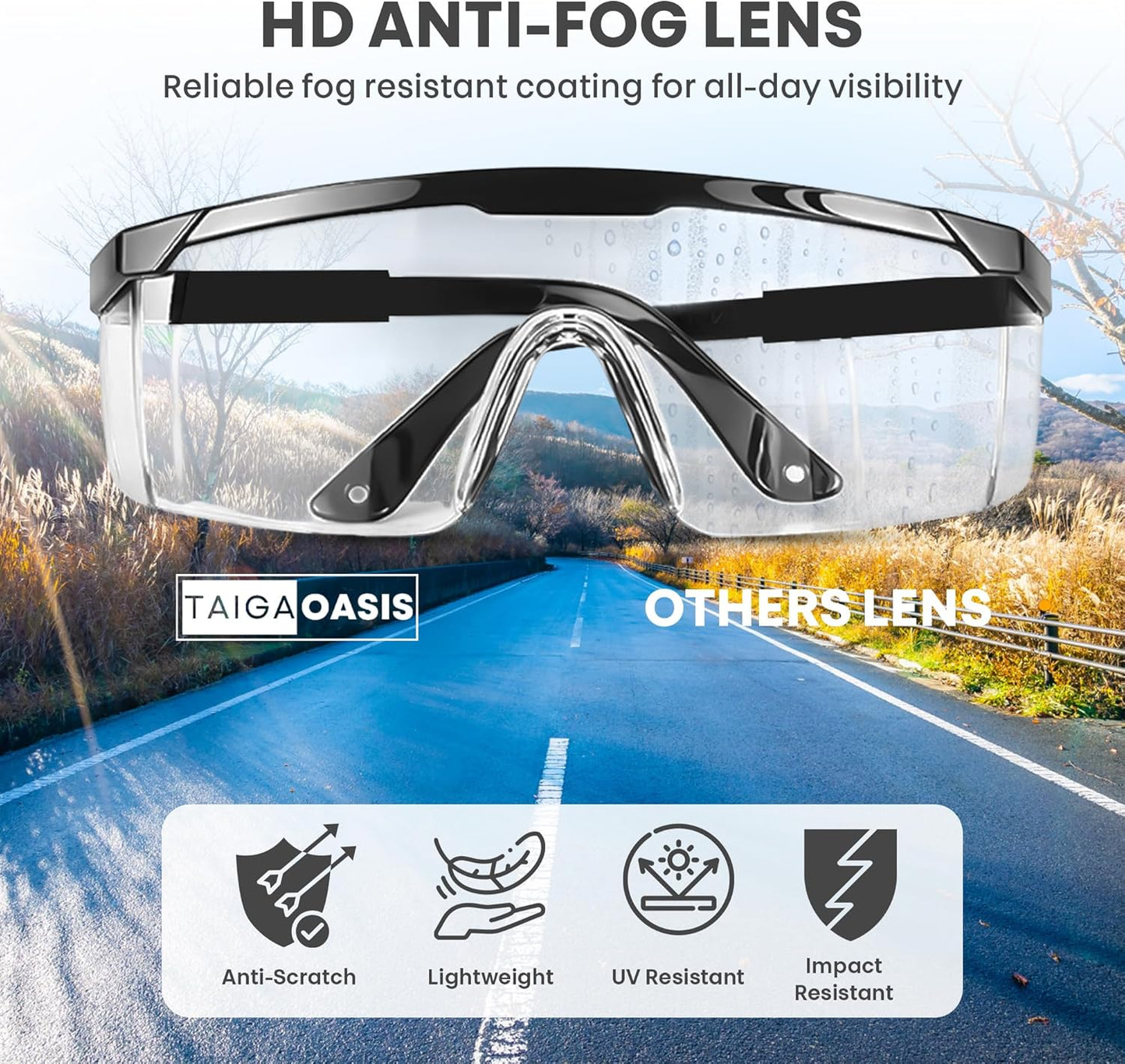 Safety Glasses, Full Coverage Lens, Built-in Brow Guard, UV Resistant, Anti-Fog, Anti-Scratches, Impact Resistant, Adjustable Side Frames, One Size Fits All, 12 Pack