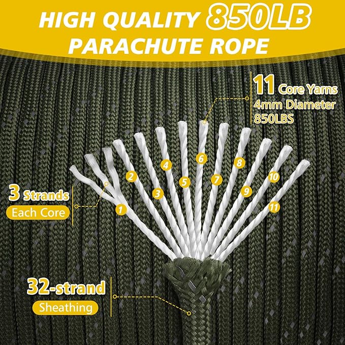 Reflective Paracord Rope 850Ib, 50/100/200/500/1000ft 4MM 11 Strand Parachute - Image 2