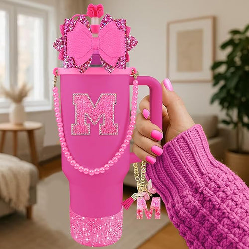 9PCS Hot Pink for Stanley Cup Accessories Set Bling Initials Bow Charms for - Image 2
