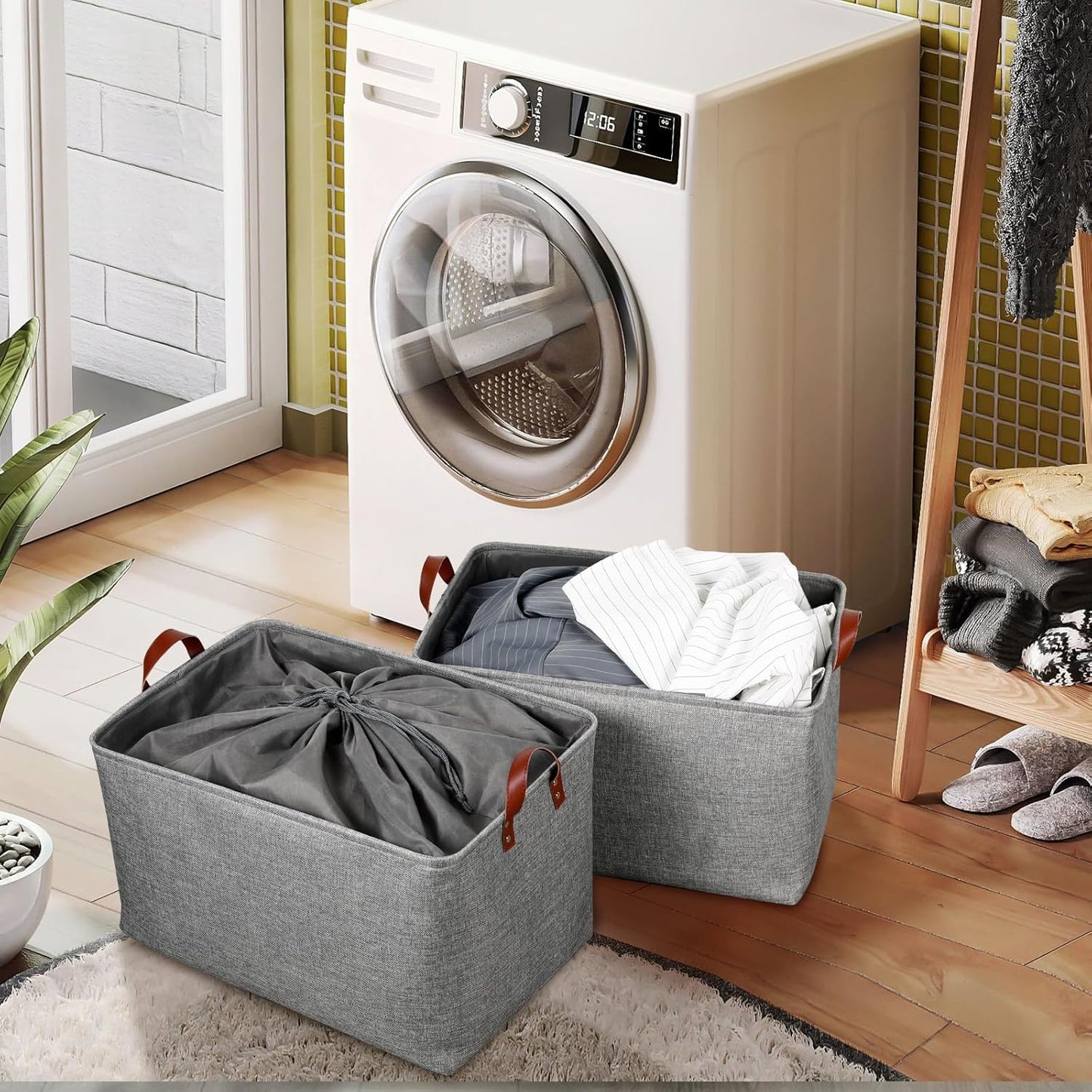 DULLEMELO Extra Large Grey Basket for Organizing, Collapsible Fabric Storage Basket with Handles, 70L Oversized Storage Bin, Large Closet Toys Blanket Organizer for Living Room, Laundry, Nursery