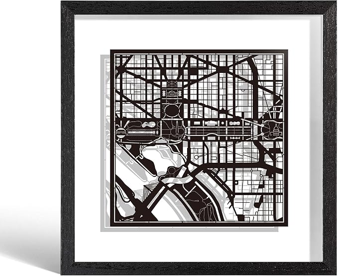 O3 Design Studio Washington D.C. Cut Map Framed, 9x9 inches, Paper Cutting Art by O3DESIGNSTUDIO