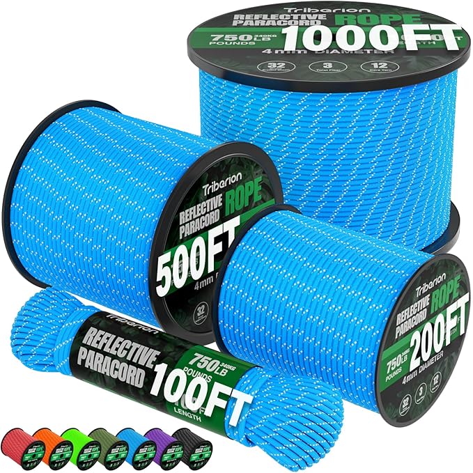 Reflective Paracord Rope 750 lb - 100ft 5/32" Parachute Cord 4MM 12-Strand para by Triberion