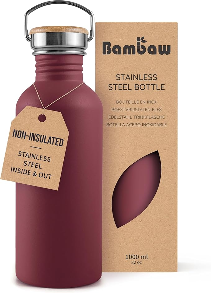 Bambaw Non-insulated 32 oz Water Bottle, Reusable Water Bottle Red, Single Wall by Bambaw
