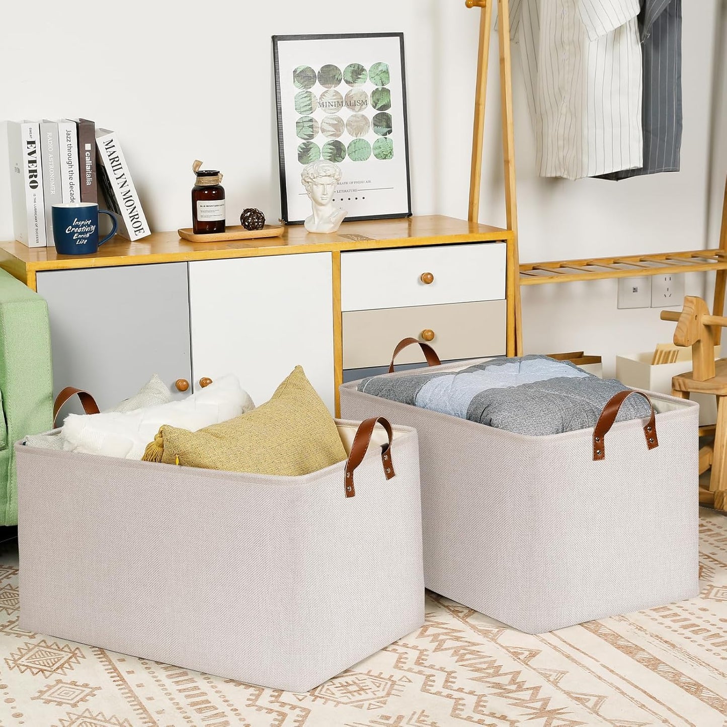 DULLEMELO Beige Storage Baskets for Organizing, Set of 2 Extra Large Canvas Fabric Storage Baskets with Handles, Foldable Storage Bins Baskets for Blankets Living Room