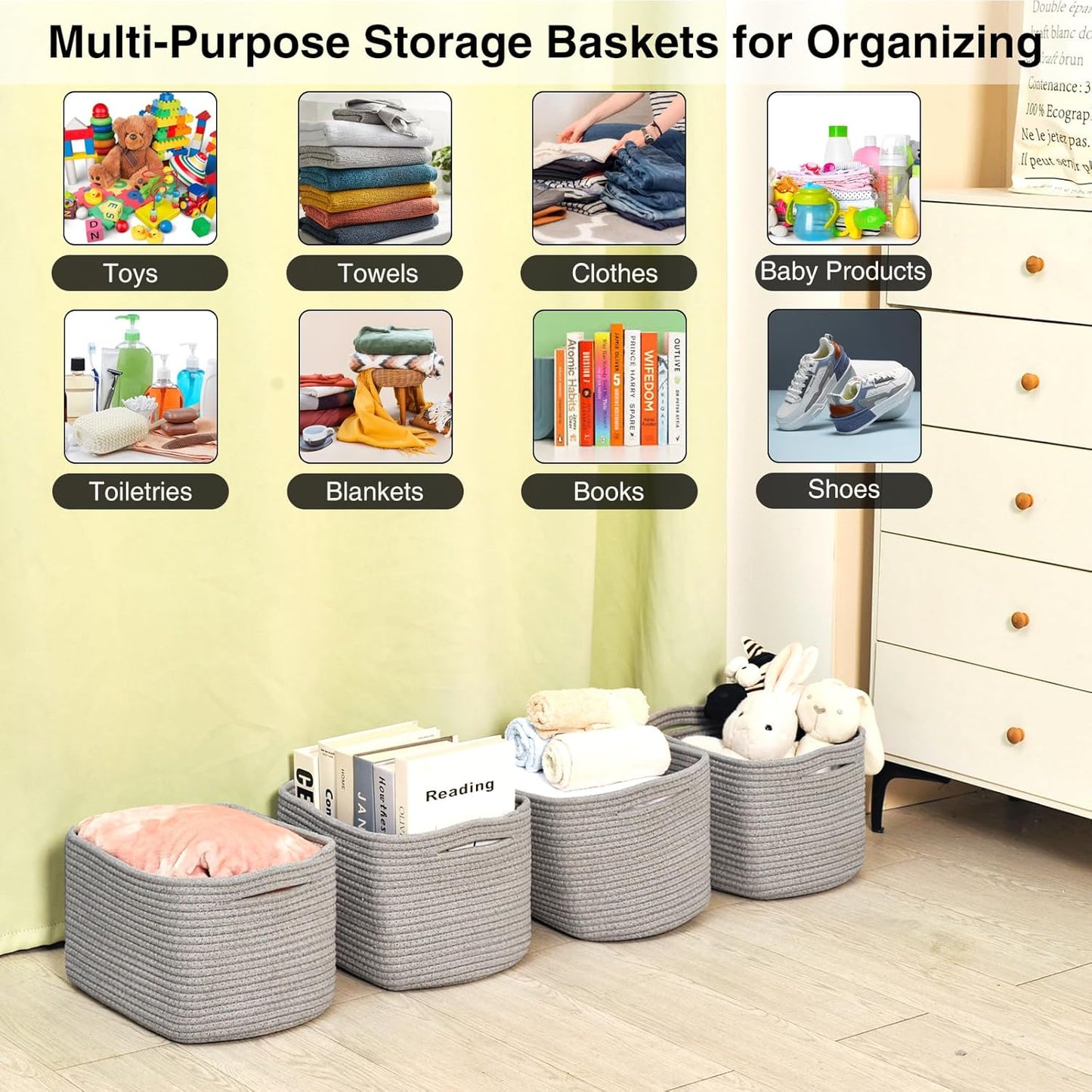 Small Storage Baskets for Organizing, Woven Storage Baskets for Shelves, Cotton Rope Basket for Storage, Cute Rectangular Book Toy Grey Basket, 12.7"×9.1"×7.9", 4 Packs, Grey