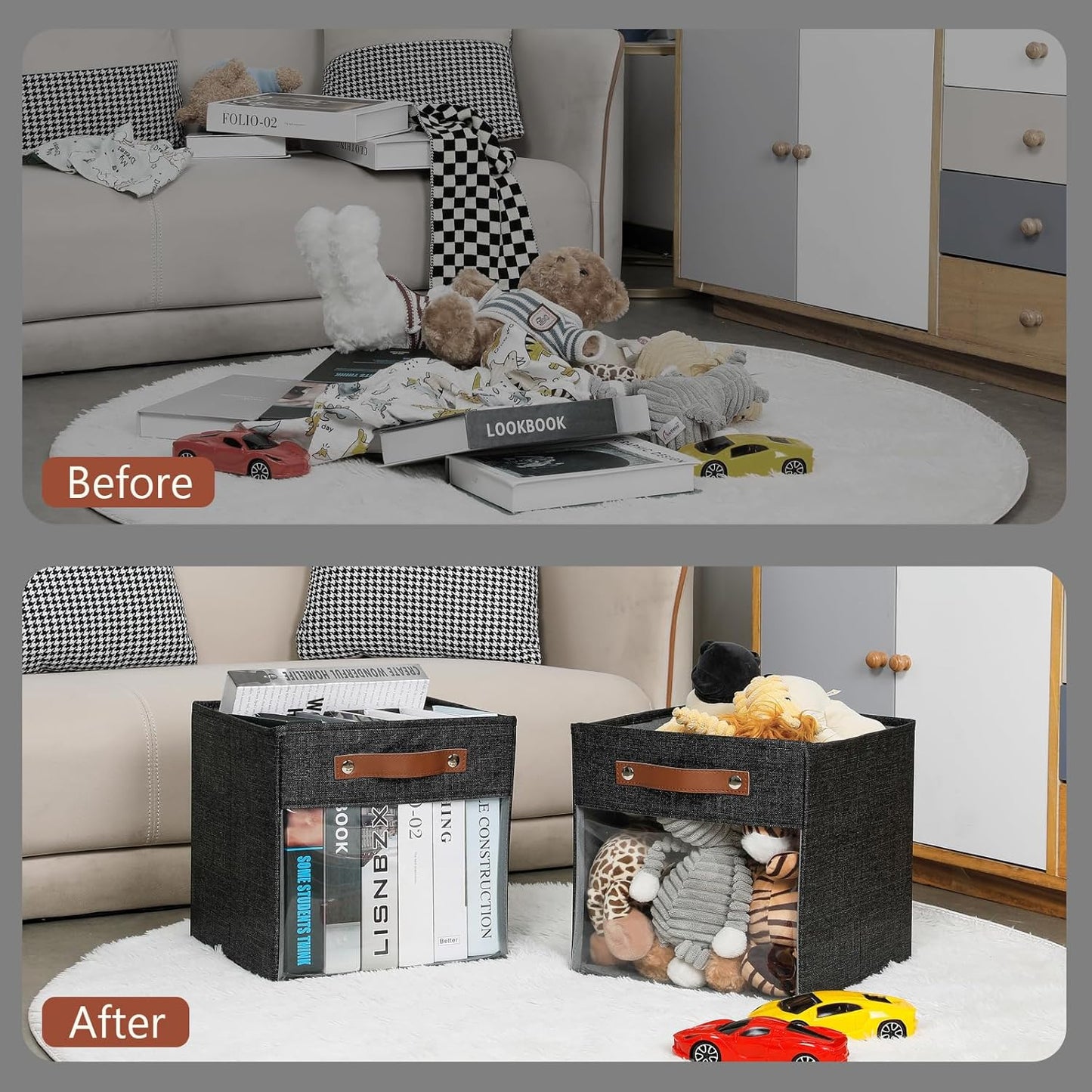 HNZIGE Fabric Cube Storage Bins 11 x 11, Collapsible Storage Cubes Bins for Storage Shelves,Foldable Cube Storage Bins for Storage, Cubby Closet Clear Bins for Storage Blanket(Prints Black 6PCS)