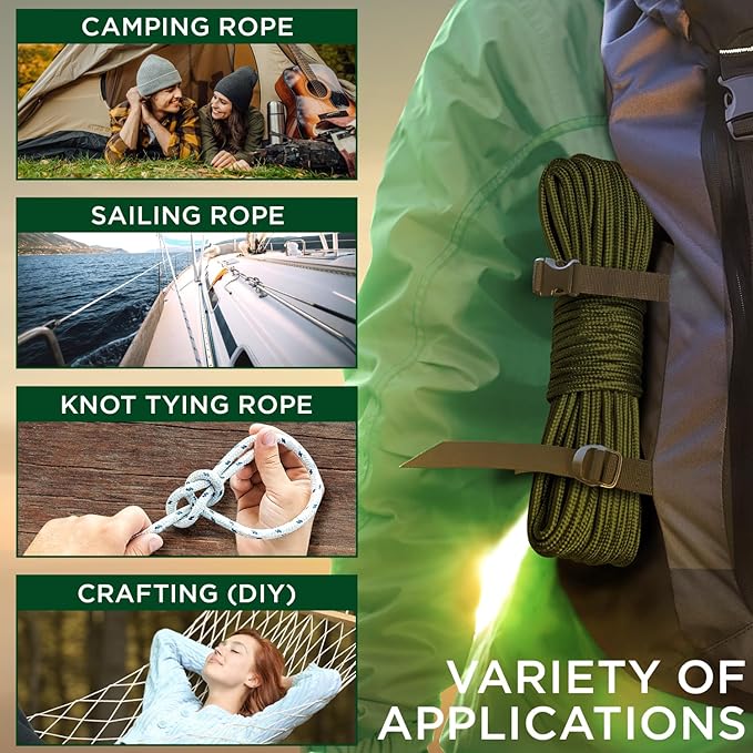 TECEUM Rope – 90 Feet x 3/8 Inch – Army Green – Strong All-Purpose Utility Rope - Image 5
