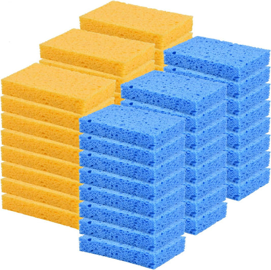 YoleShy 48 Pack Sponges Kitchen Natural Compressed Cellulose Sponges for Dishes Non Scratch for Household Cookware Bathroom Cars Soft Super Absorbent Reusable, Blue and Yellow