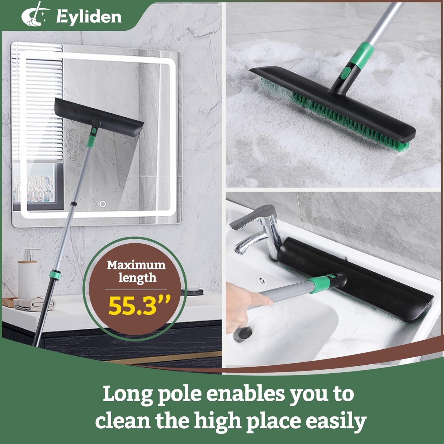 Eyliden X-Large Floor Scrub Brush, 2 in 1 Scrape Brushes with Rubber Squeegee | 55.3" Long Handle, 15" Wide Stiff Bristle Head | Floor Scrubber for Deck Kitchen Shower Bathroom Tub Tile Patio Wall