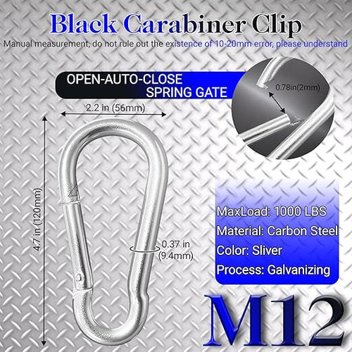12 Pack 4.7" Heavy Duty Carabiner Clips, M12 Sliver Galvanized Steel Spring - Image 2