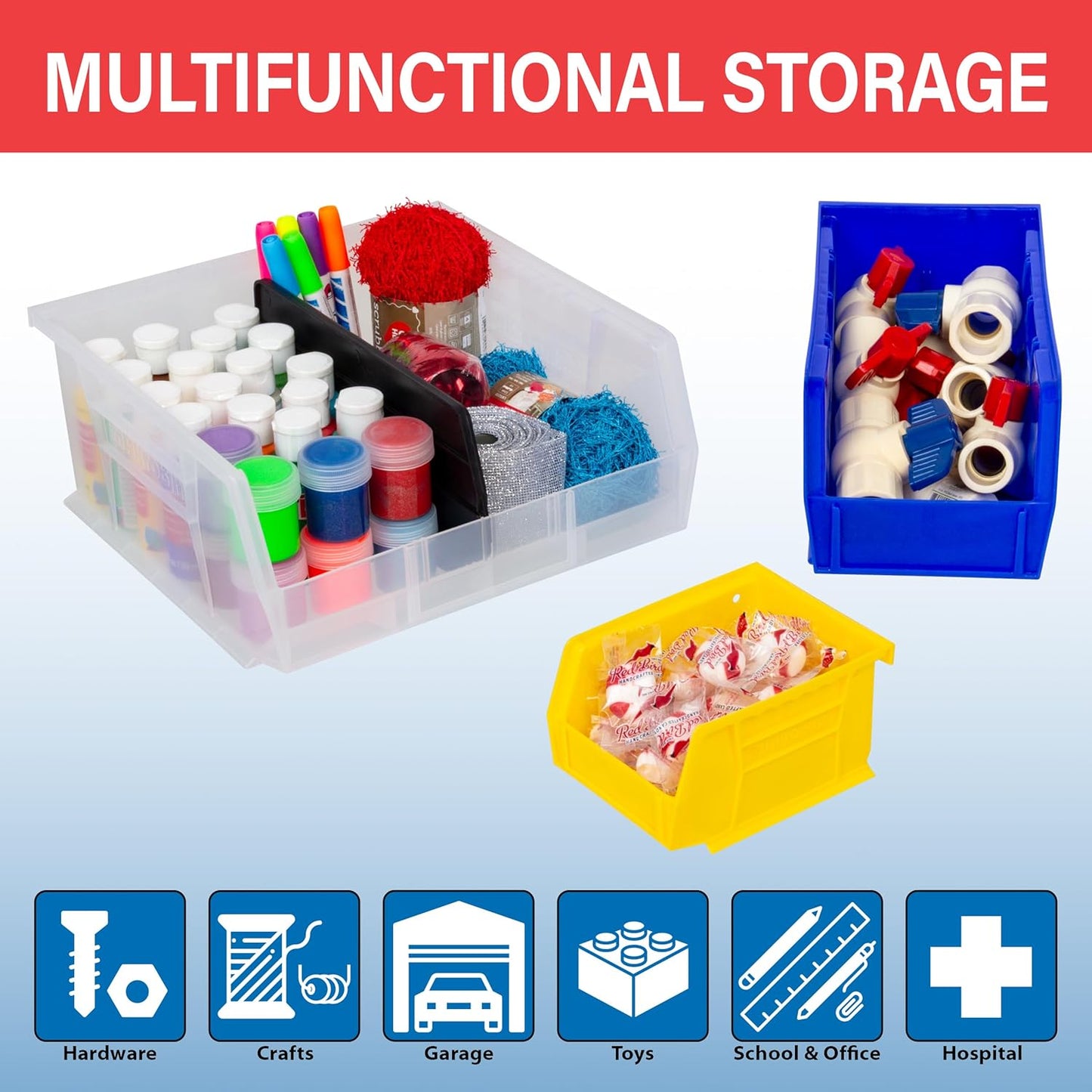 Akro-Mils 30224 AkroBins Plastic Storage Bins, Space-Saving Stackable Bins for Garage, Pantry, Craft Organization, 11" L x 4" W x 4" H, Red, 12-Pack