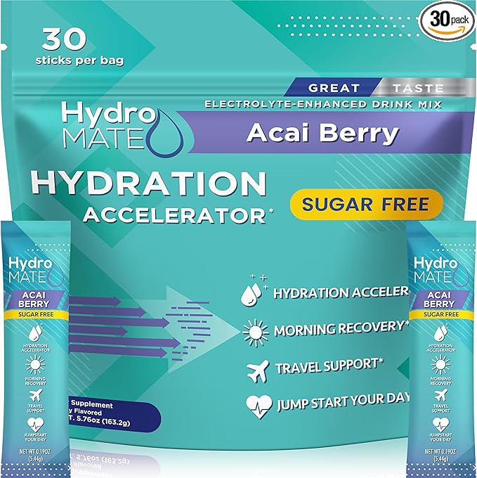 Electrolyte Powder Sugar-Free Hydration Packets Acai Berry HydroMATE 30 Sticks by HydroMATE
