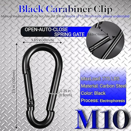 12 Pack 3.9" Heavy Duty Carabiner Clips, M10 Black Galvanized Steel Spring Snap - Image 2