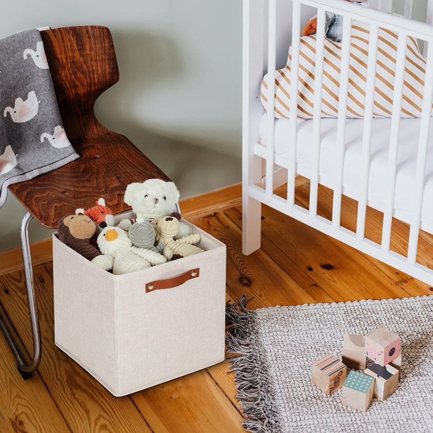 HNZIGE Foldable Storage Cubes Bins for Organizing, Set of 4, Fabric Cube Canvas Storage Bins 11 x11, Collapsible Bins for Organization with Handles for Shelf Nursery(Beige)