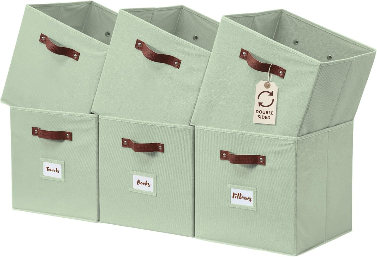 DECOMOMO Storage Bins, Cube Storage Bin with Labels, Fabric Storage Cubes for Shelves (10.5" x 11" / 6pcs, Sage Green)