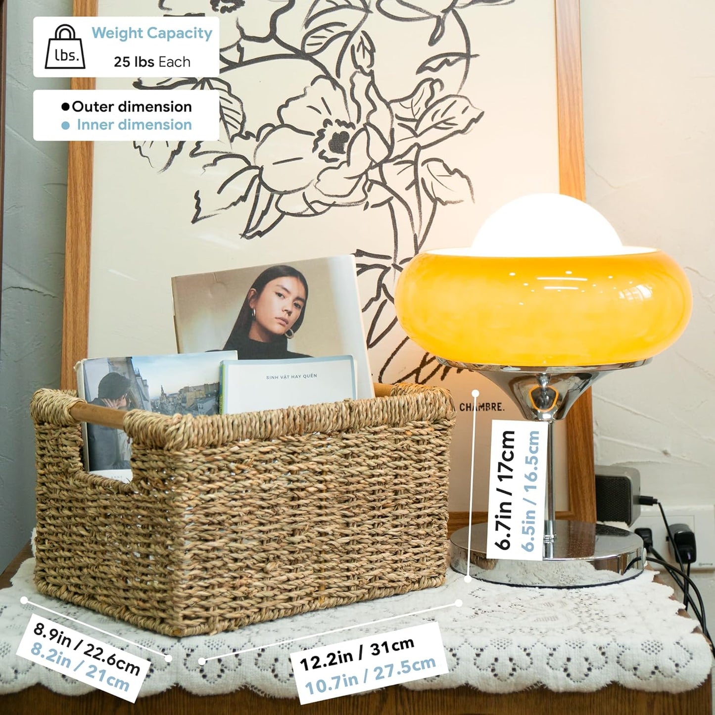 Natural Seagrass Basket with Wooden Handle, Medium Rectuangular Wicker Basket for Living Room 12.2 x 8.9 x 6.7 inches - 3 Pack