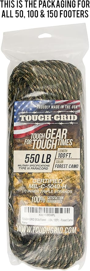 TOUGH-GRID 550 Paracord, Type III Mil-Spec Nylon Rope - 50 Ft Forest Camo - Image 4