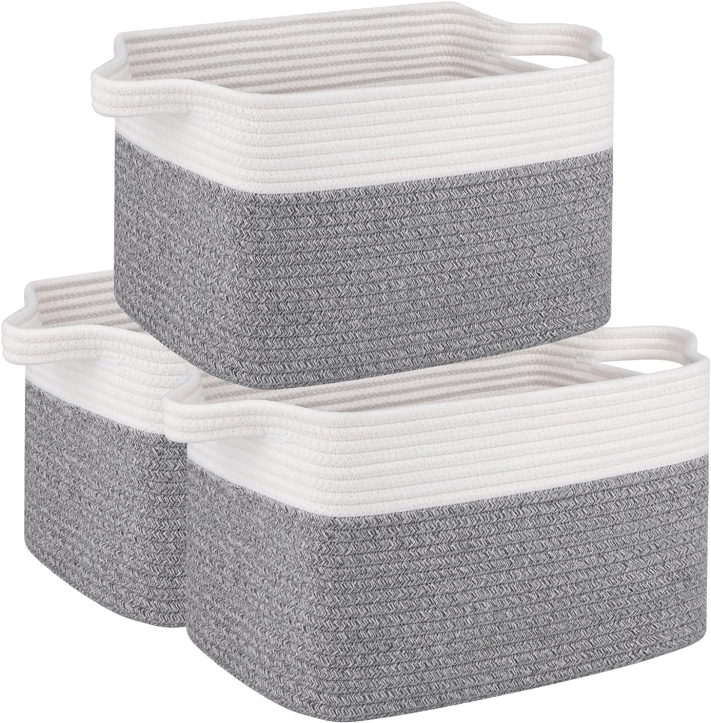 OIAHOMY 3 Pack Storage Basket for Organizing, 13''X9.85''X8.7'' Storage Bins,Woven Basket Basket with Handles, Toy Storage Basket Bin,Stylish Room Decor Basket, White & Grey variegated