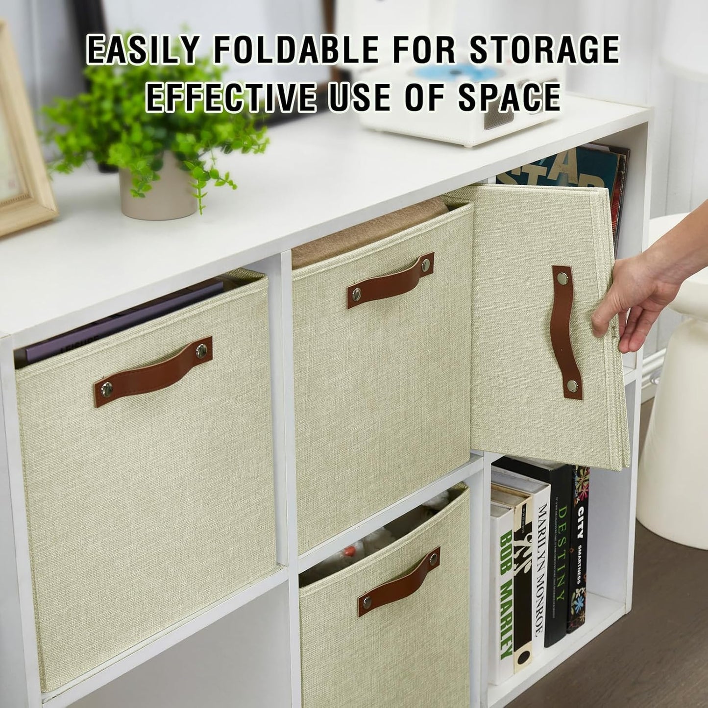 Collapsible Fabric Storage Cube Bins with 2 Reinforced PU Handles, Foldable Storage Organizer Baskets for Closet, Shelves, Living Room | 13"x13"x13", 4 Pack, Full Beige