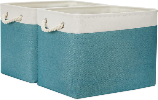 Temary Fabric Baskets Storage Baskets for Organizing 2 Pcs Decorative Baskets for Gifts Empty Collapsible Storage Bins for Home Closet(White&Teal,16Lx12Wx12H Inches)
