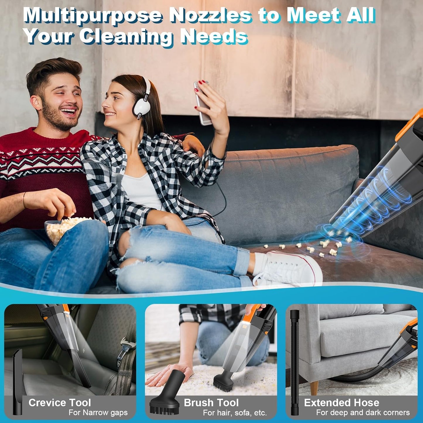 Handheld Vacuum Cordless Car Vacuum Portable with LED Light, High Power Suction, Lightweight Rechargeable Hand Vacuum, Hand Held Vacuum Cleaner for Car Home Office, Pet Hair, BlackOrange