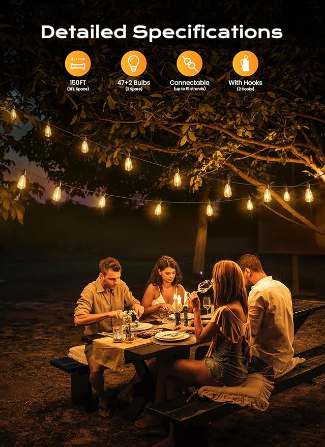 Brightown Outdoor String Lights, 150FT 47+2 LED ST38 LED Patio Lights - Image 2