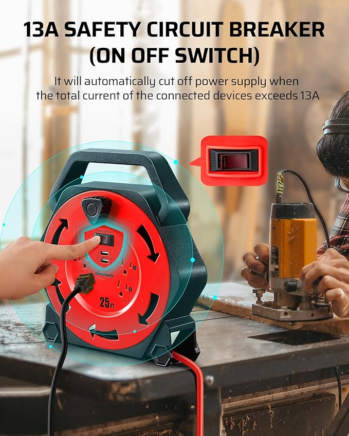 DEWENWILS Cord Reel with 4 Power Outlets, 2-USB Ports, 25FT Retractable - Image 6