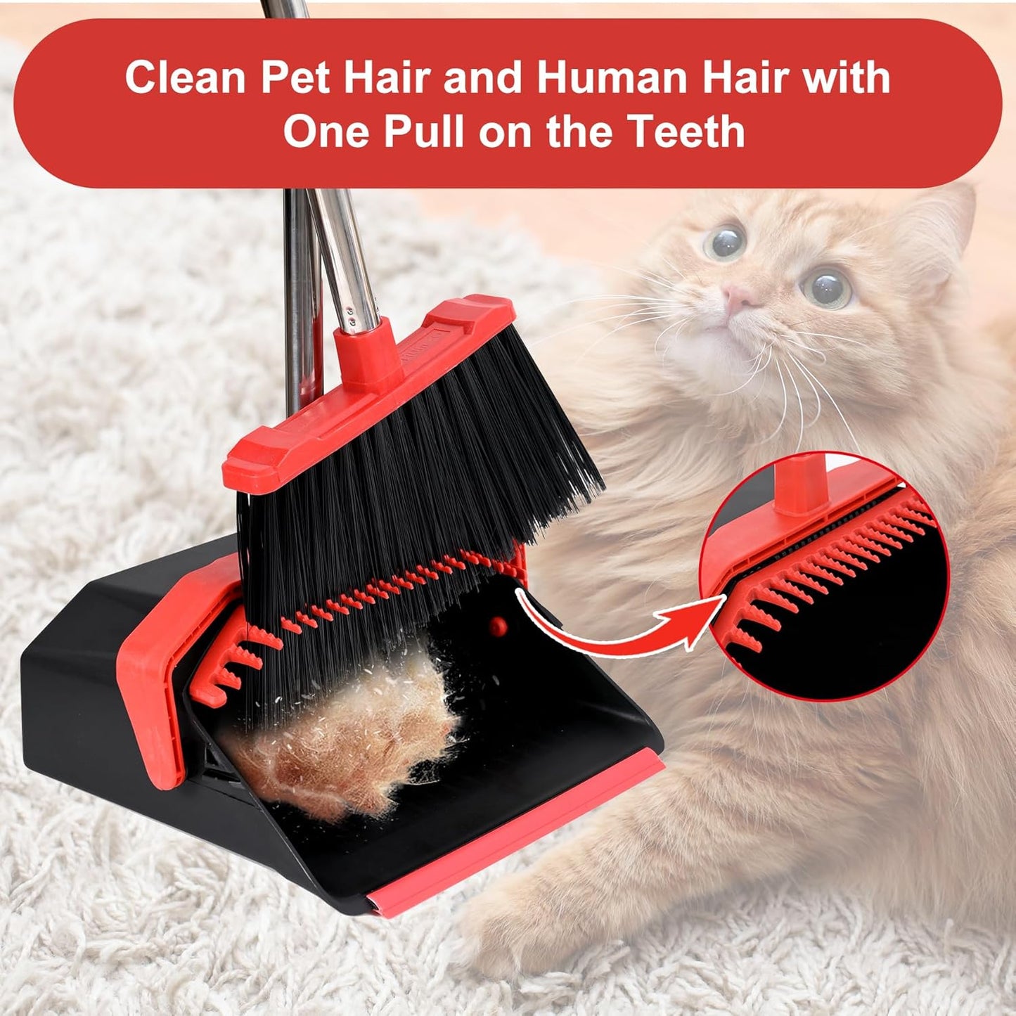 Upgrade Broom with Dustpan Combo Set, Broom and Dustpan Set with 51'' Long Handle, Dust Pan and Brooms, ZeroGap Lip, Self-Cleaning Dustpans Teeth for Lobby Kitchen Restaurant - Black and Red