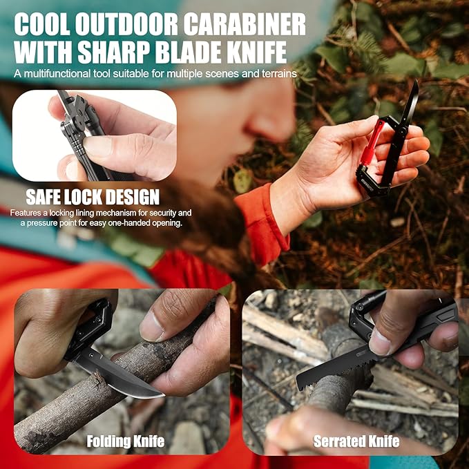 Carabiner Multitool with Pocket Knives, EDC Carabiners, Serrated Knife - Image 5