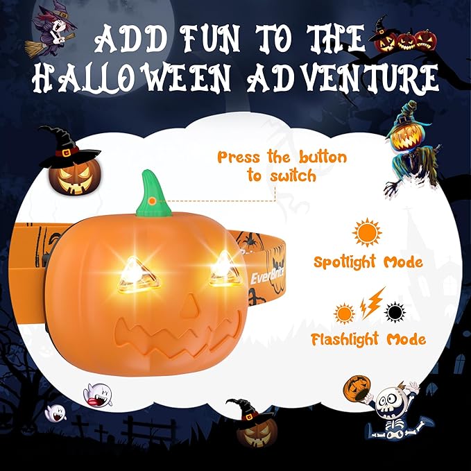 EverBrite Halloween Pumpkin Headlamp 5 Pack, 2 Modes LED Head Lamp Adjustable - Image 4